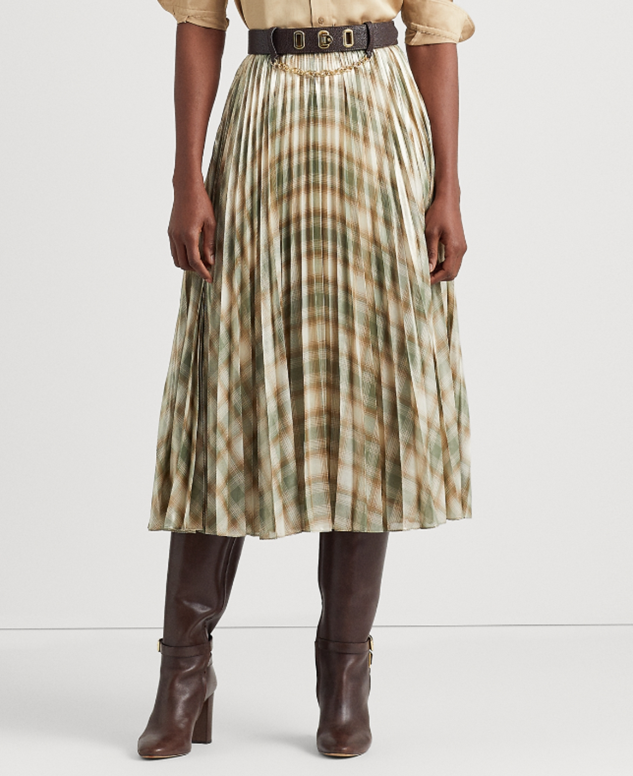 Lauren Ralph Lauren Plaid Pleated Metallic Georgette Skirt Cream Olive Size 8